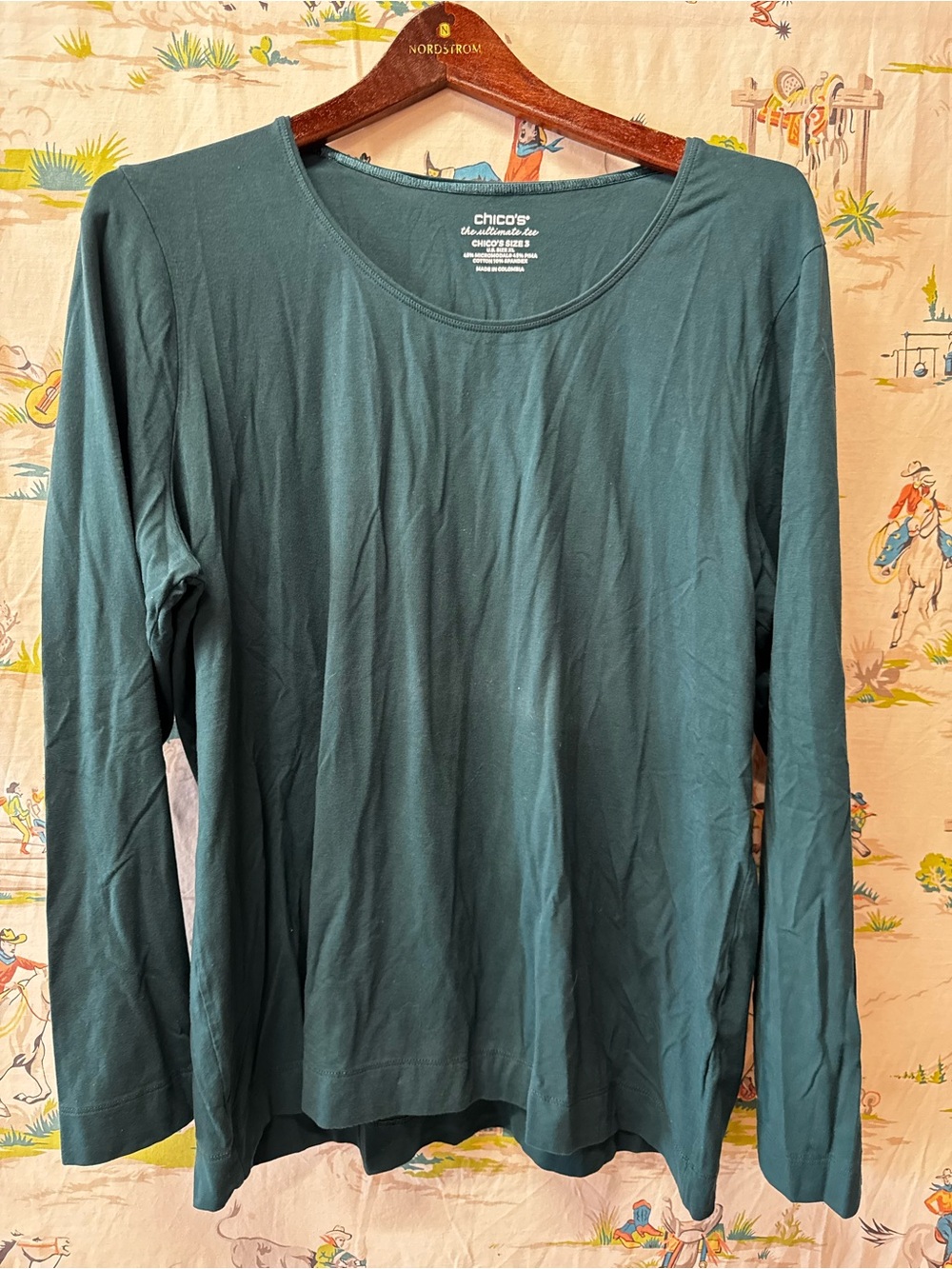 Chico's Women's Long Sleeve Scoop Neck Top - Dark Teal Green XL